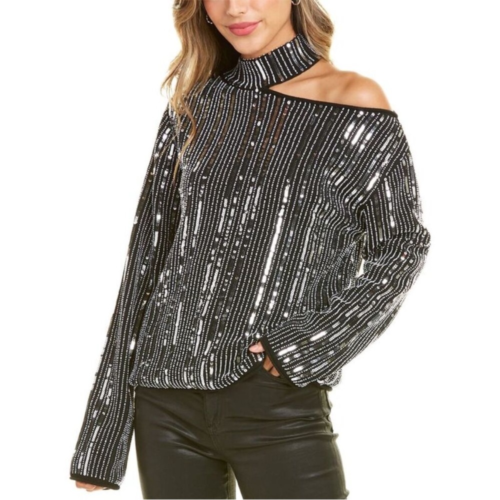 NWT RtA Langley Sequin Stripe Sweater in Chrome Sz M